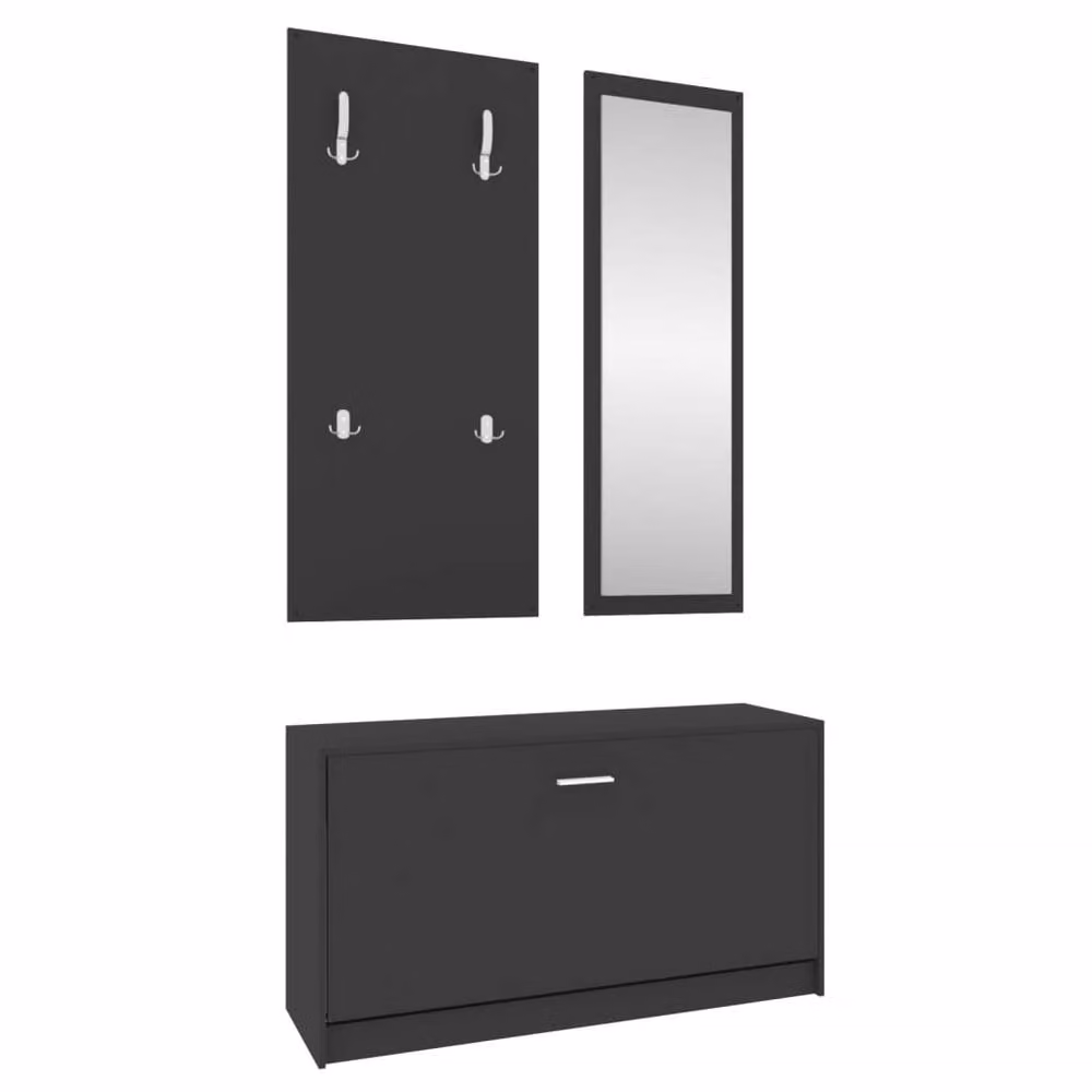 Berkfield Home 3-in-1 Modern Black Shoe Cabinet, Mirror and Wall Rack Set in Matt MDF – 3