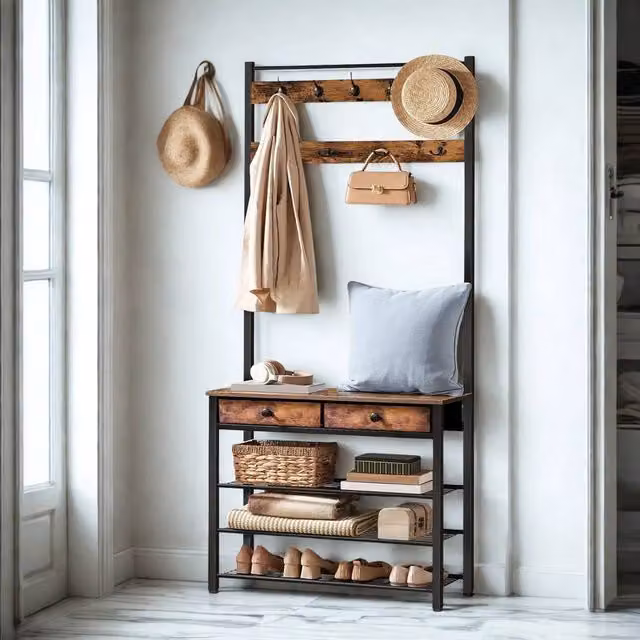 FURNOS Industrial Hall Tree Coat Rack Stand with Shoe Storage Bench in Brown