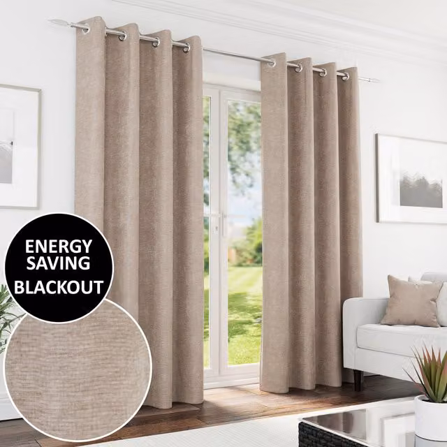 Knightsbridge Sand Blackout Eyelet Curtains, Thermal Insulating, W: 168 cm, H: 137 cm