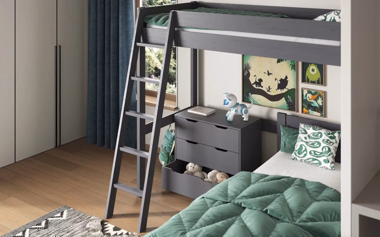 Noomi Tera Solid Wood High Sleeper with L-Shaped Small Double Bed in Grey – 2