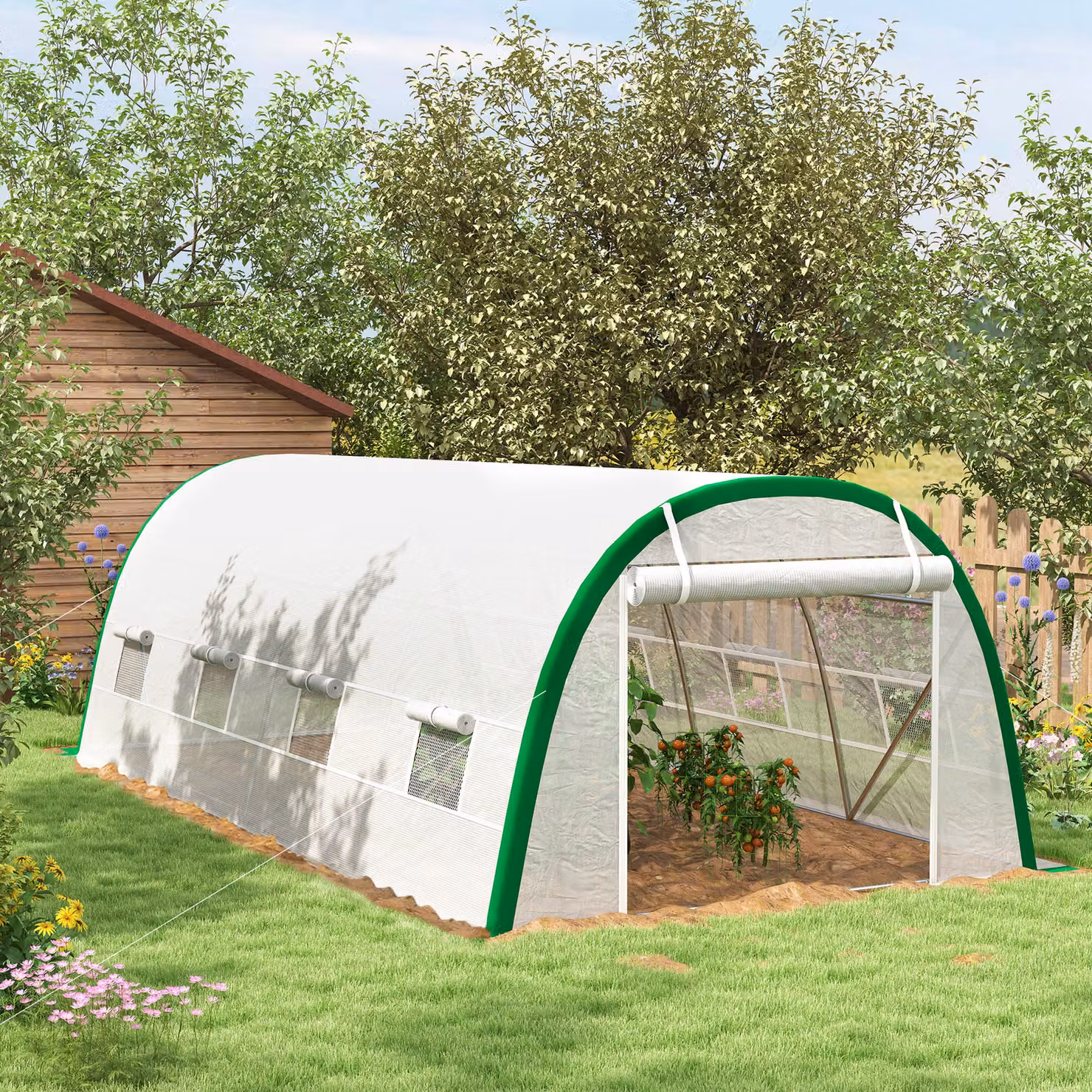 Outsunny White Walk-in Polytunnel Greenhouse with Zipped Doors, 8 Mesh Windows and PE Cover, W: 6 m, D: 3 m, H: 2 m – 4
