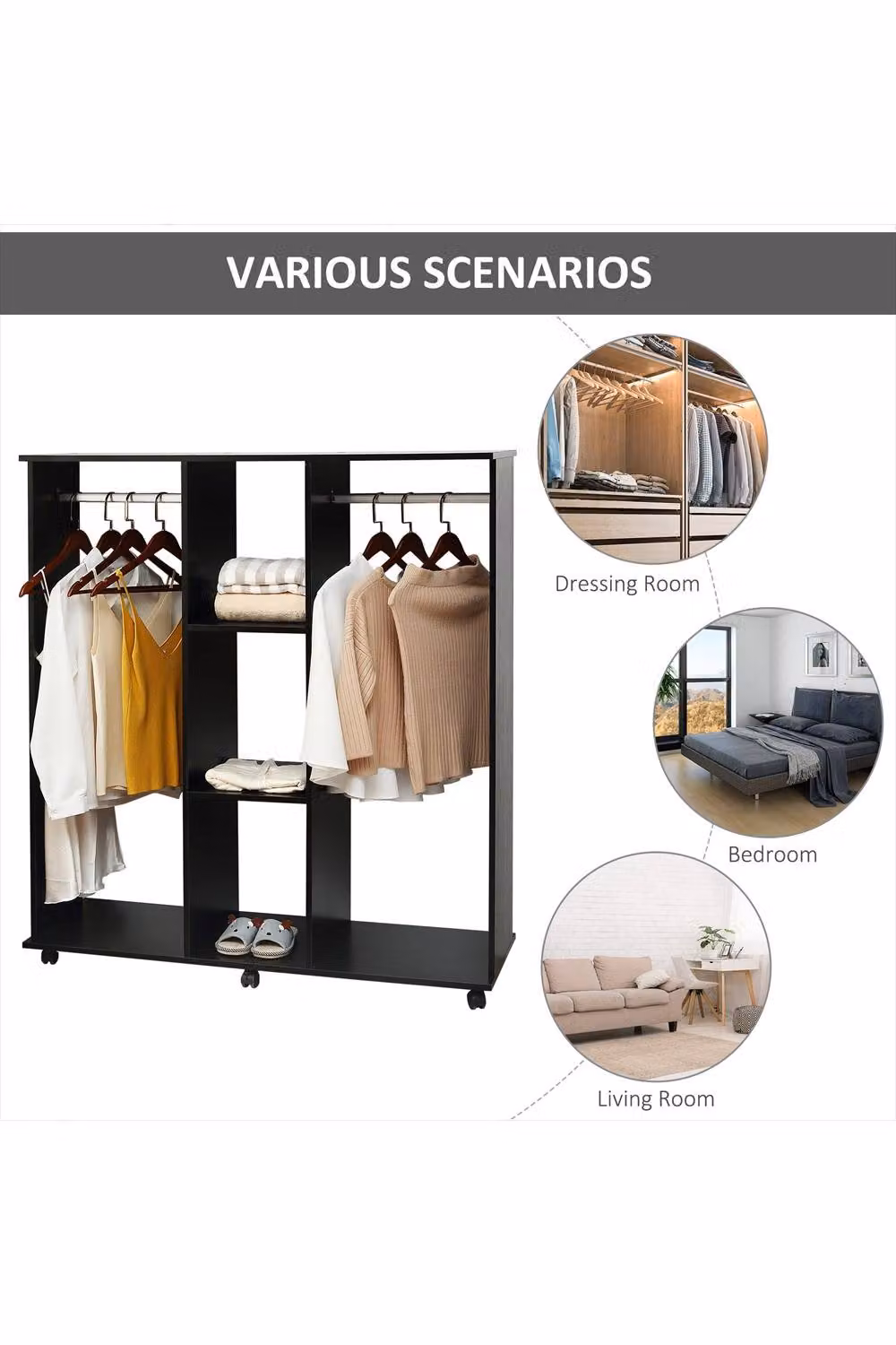 ERGOVEXA Modern Open Wardrobe with 6 Mobile Storage Shelves and Clothes Rail, Black – 3