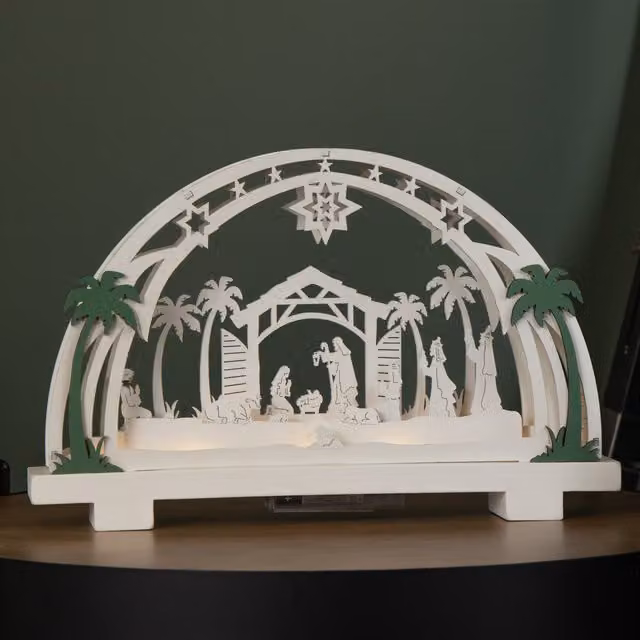 Samuel Alexander Beige Wooden Arch Nativity Scene Christmas Decoration with Warm White LED, 20 cm