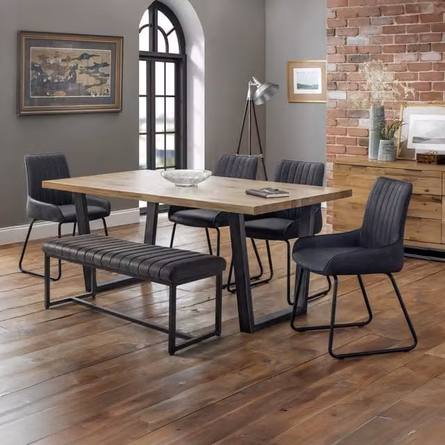 Julian Bowen Brooklyn Oak Rectangular Dining Set in Grey with 1 Table, 1 Bench and 4 Chairs