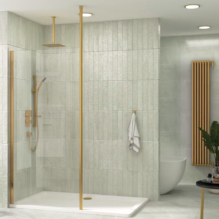 Royal Bathrooms Marbella Walk In Wet Room Shower Screen with Brushed Brass Ceiling Post, Clear Glass, 8mm, W: 700mm, H: 1850mm, D: 68.5mm