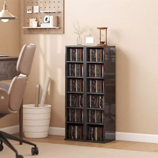 EONLION Black Set of 2 Modern CD Media Display Shelf Units with Media Compartments and Back Panel