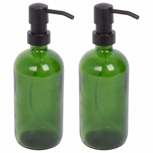 Harbour Housewares Green Glass Soap Dispensers, Pack of 2, 500ml Refillable Bottles with Black Pumps – 1