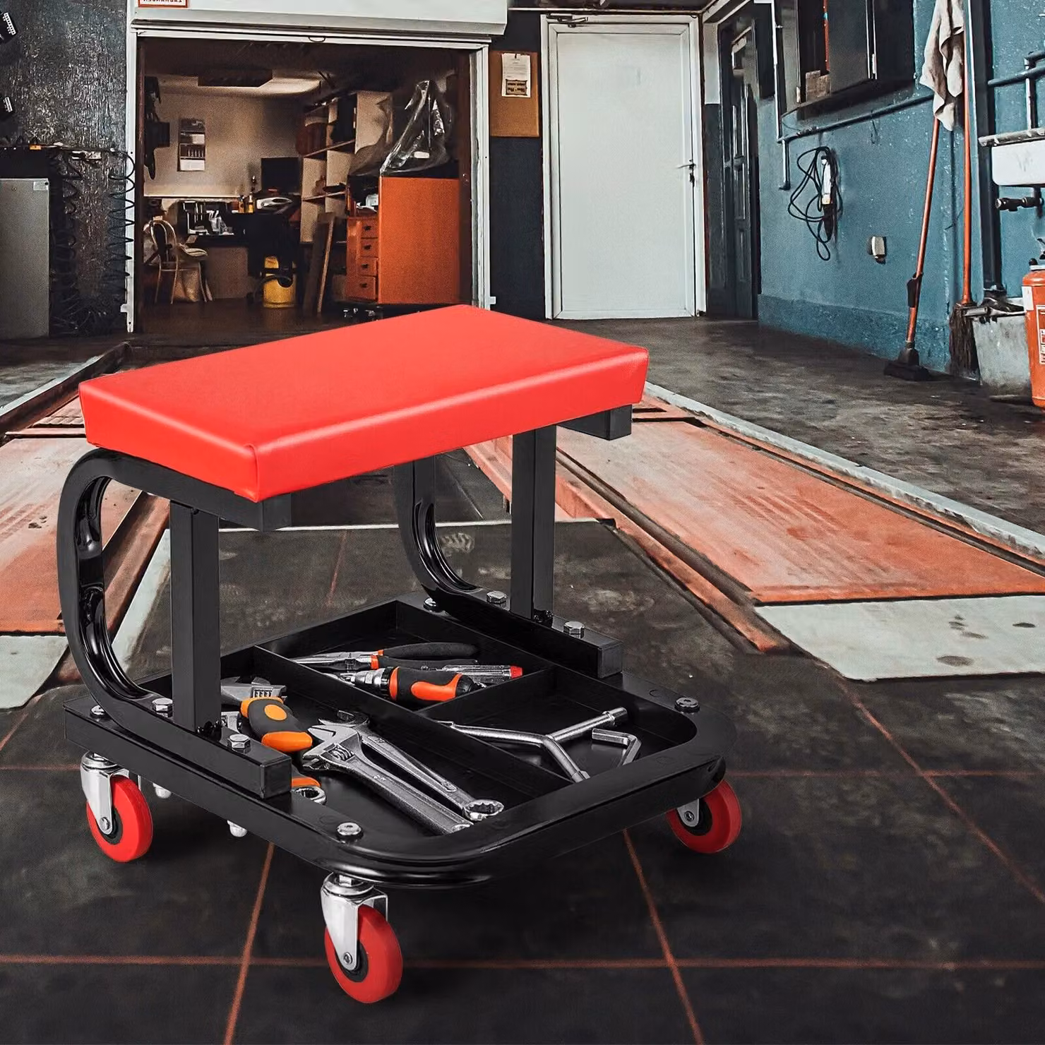 Costway Rolling Workshop Creeper Mechanic Stool with Soft Padded Seat and Tool Tray Storage, Red and Multicolour – 4