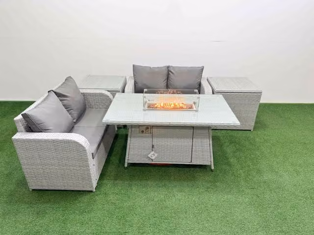 Fimous 4 Seater Rattan Garden Furniture Set with Firepit Dining Table and 2 Side Tables in Light Grey