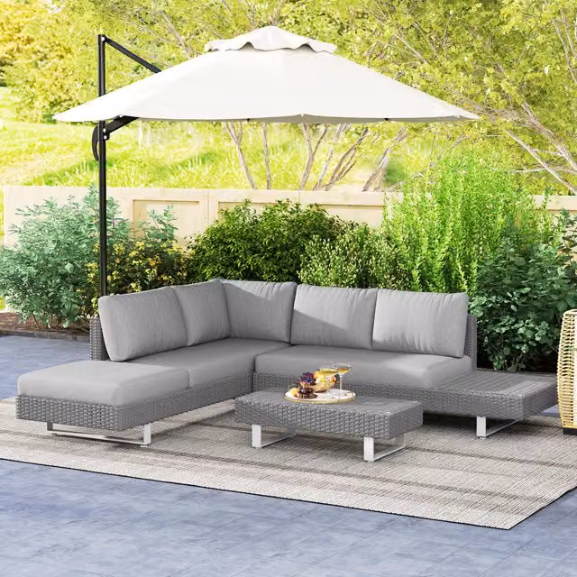 Outsunny Modern Rattan Wicker Corner Sofa Set in Light Grey
