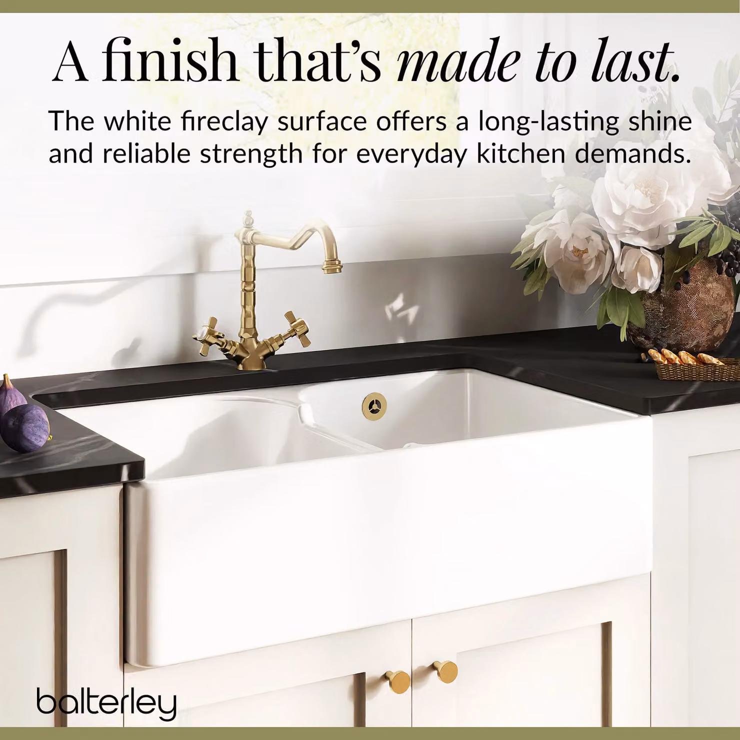 Balterley White Ceramic Fireclay 2 Bowl Stepped Weir Butler Sink with Wastes and Tap, W: 79.5 cm – 3