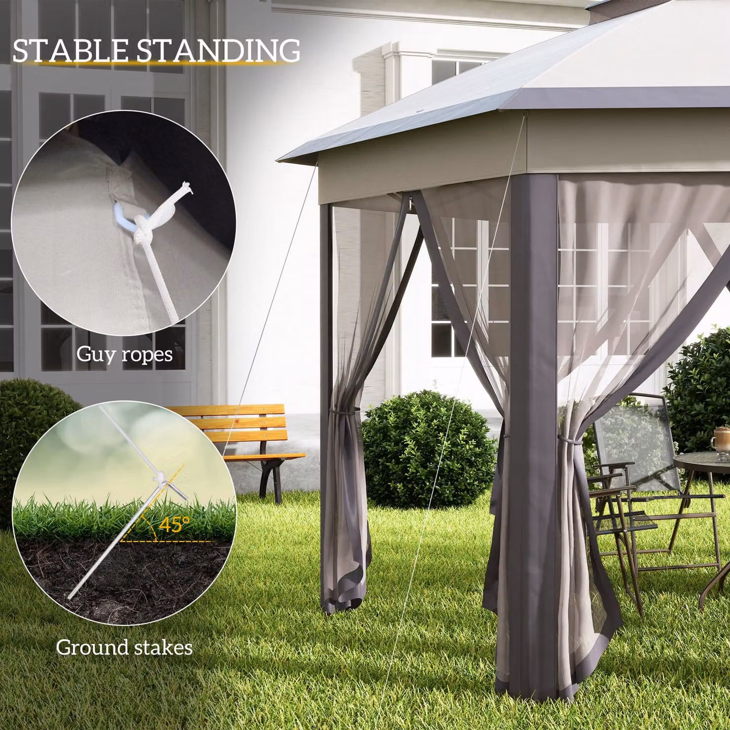 Outsunny Hexagonal Pop-Up Garden Gazebo with Double-Tier Roof and Mosquito Netting, Beige, W: 400 cm, D: 340 cm, H: 285 cm – 5