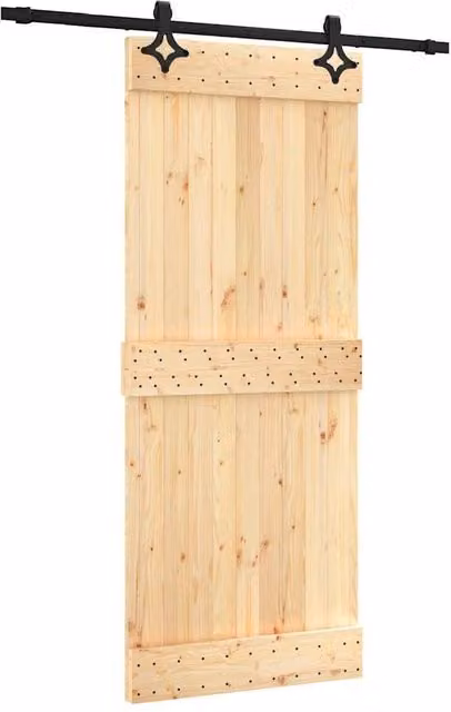 Berkfield Home Modern Sliding Door with Hardware Set in Natural Solid Wood, W: 85 cm, H: 210 cm