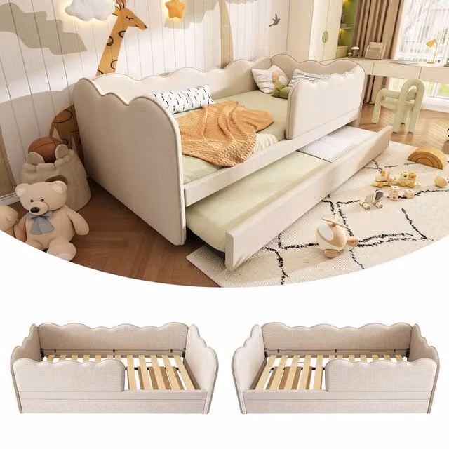 ModernLuxe Upholstered Single Daybed with Pull-out Guest Bed in Beige, W/D/H: 190 x 90 x 70 cm