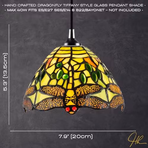 Happy Homewares Vintage Dragonfly Stained Glass Tiffany Dome Pendant Lighting Shade in Green, Red and Yellow, W/D/H: 20 x 14 x 13.5 cm – 2