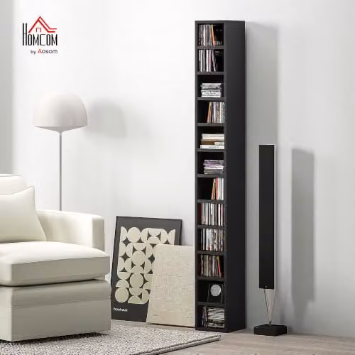 HOMCOM Black Corner CD Storage Unit with 12 Media Compartments, Height: 175 cm – 2