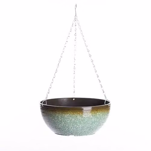 Garden Gear Sage Green Glazed Effect Hanging Basket with 50cm Three Way Metal Chain, Diameter: 35 cm