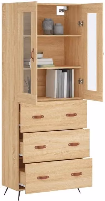 Berkfield Home Sonoma Oak Highboard in Beige with Glass Doors, W/D/H: 69.5 x 34 x 180 cm