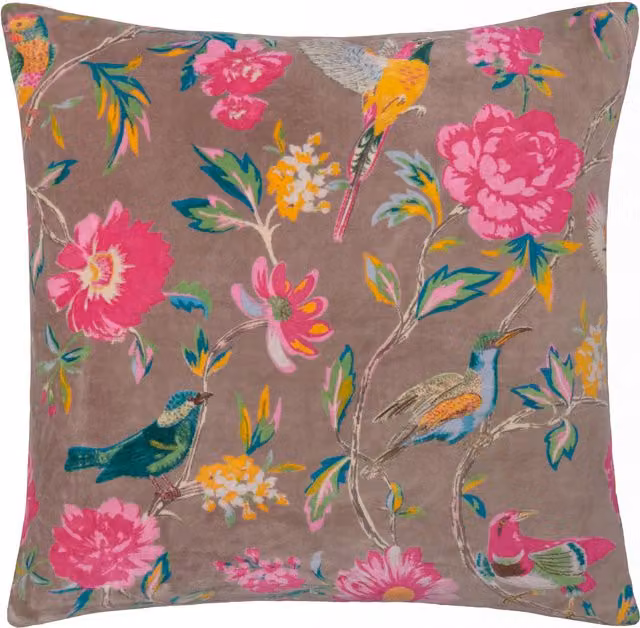 Make It A Home Aviary Floral Cotton Velvet Cushion in Dusty Pink with Feather Filling