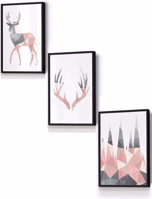 ARTZE Geometric Stags Framed Wall Art Set in Blush Pink, Grey and Black, W: 33 cm, H: 45 cm, D: 2 cm
