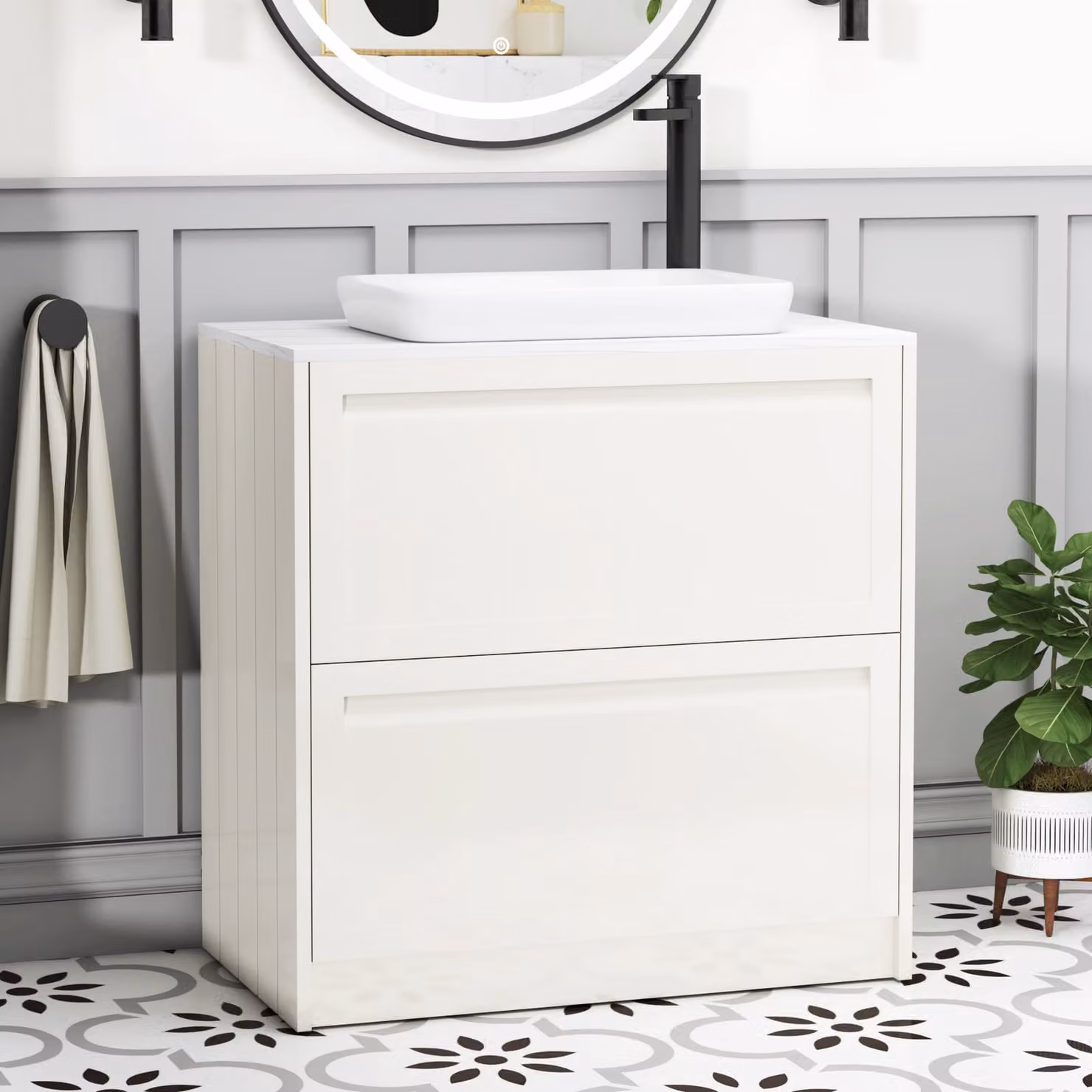 Royal Bathrooms Elmore Classic White Floor Standing Countertop Vanity Unit with 2 Drawers and Qubix Basin, Width: 80 cm