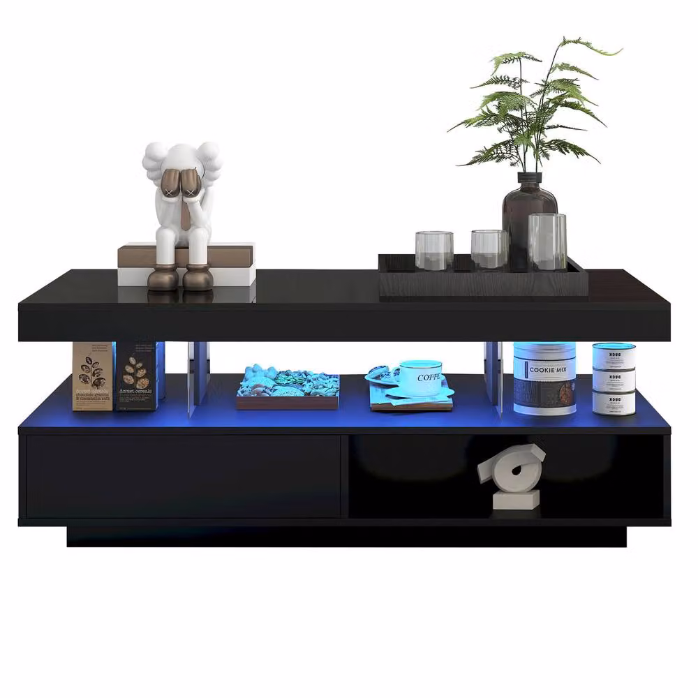 Rolipo Modern Black High Gloss LED Coffee Table with Storage Drawers and Glass Top, W/D/H: 95.0 x 42.5 x 6.5 cm – 7