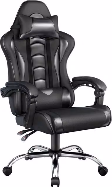Yaheetech Ergonomic Black Synthetic Leather Gaming Chair with Headrest, Armrests and Swivel Function for Home or Office