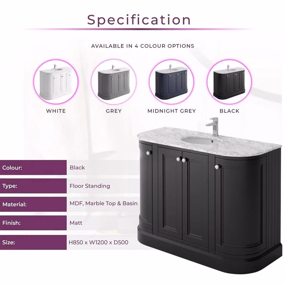 PAWNORA Traditional Freestanding Bathroom Vanity Unit in Matt Black, W: 120 cm – 4