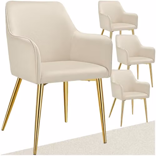 tectake Set of 4 Avane Dining Chairs in Beige Velvet-Look Fabric with Gold Metal Legs