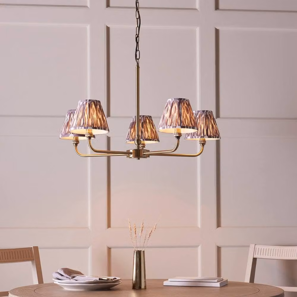 Netlighting Lille Brass Plate Pendant Light with Grey Multicolour Fabric Ikat Shade, Diameter: 16 cm – 2