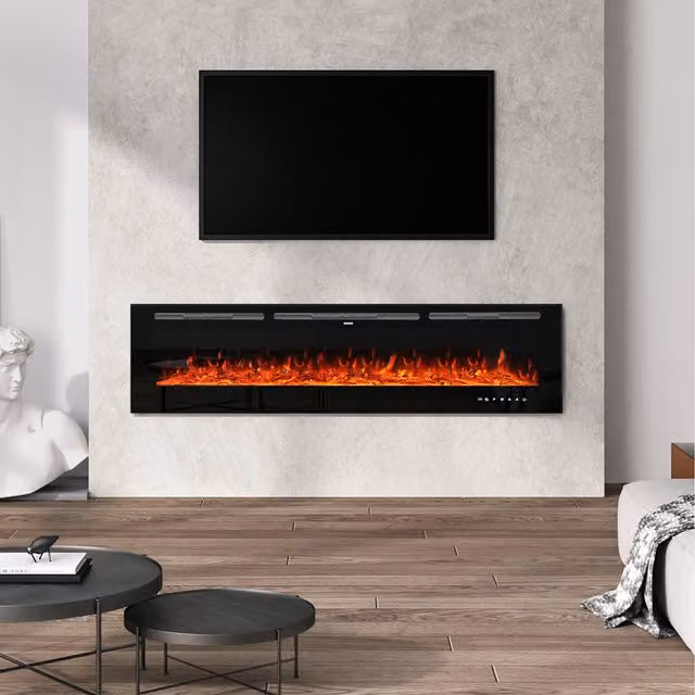 Livingandhome Wall-Mounted Recessed Electric Fireplace with 12 Adjustable Flames, Black, W: 117.8 cm