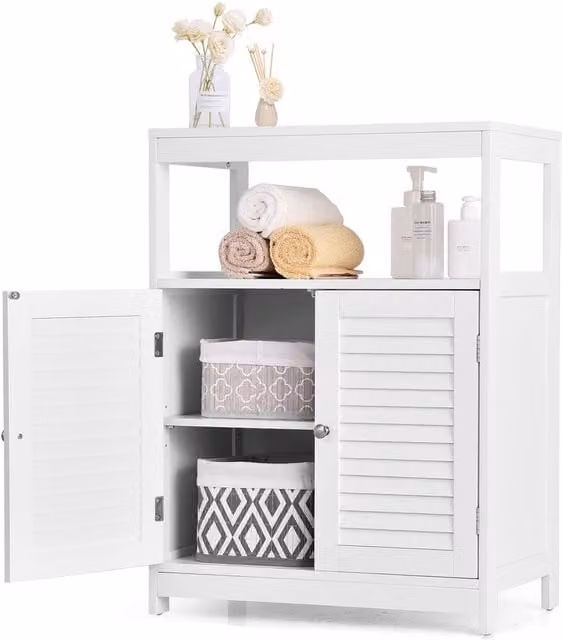 Gymax Freestanding White Bathroom Cabinet with Roll Shutter Doors and Internal Shelves