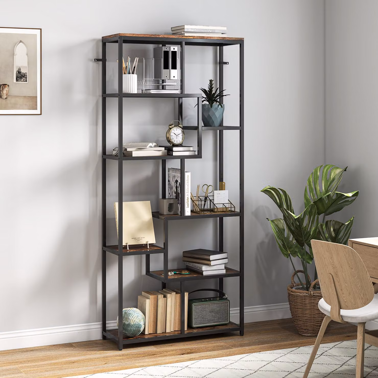 HOMCOM Seven-Tier Geometric Minimalist Metal Bookcase in Brown and Black – 2