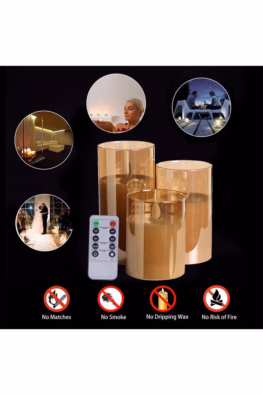 Living and Home 3Pcs Gold Glass Flameless LED Pillar Candles with Realistic Swaying Flame in Grey – 3