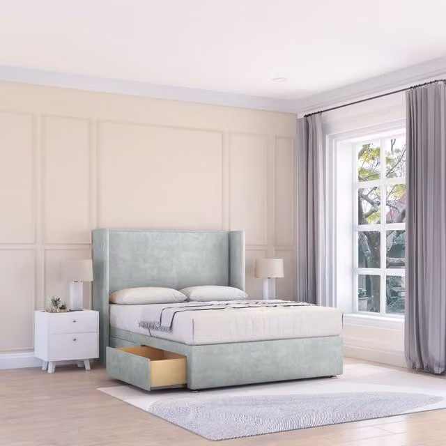 Sloomy Devonshire Naples Wingback Bed Set in Silver with 2 Drawers and Floor Standing Headboard, Super King Size (200 x 200 cm)