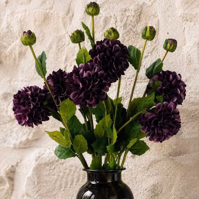 Leaf Pack of 6 Purple Artificial Dahlia PomPom Flower Stems, Height: 75 cm