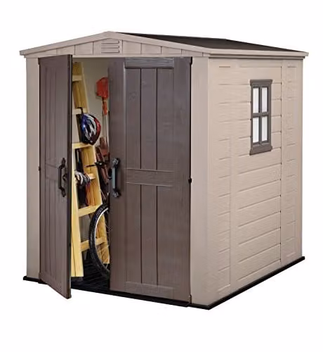 Keter Factor Outdoor Apex Double Door Garden Storage Shed in Beige Brown Wood Effect – 1