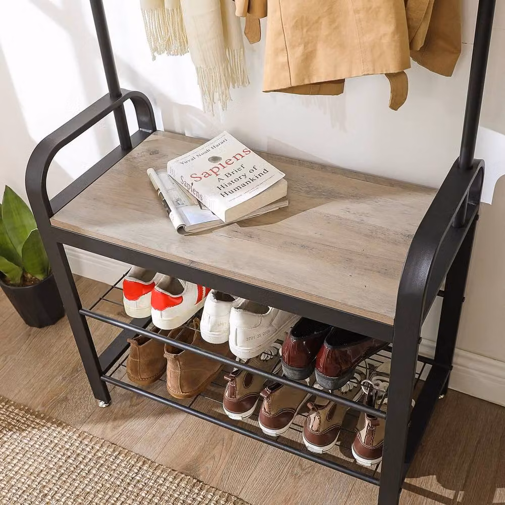Kelvenix Rustic Hall Tree Coat Stand with Bench in Matt Black – 3
