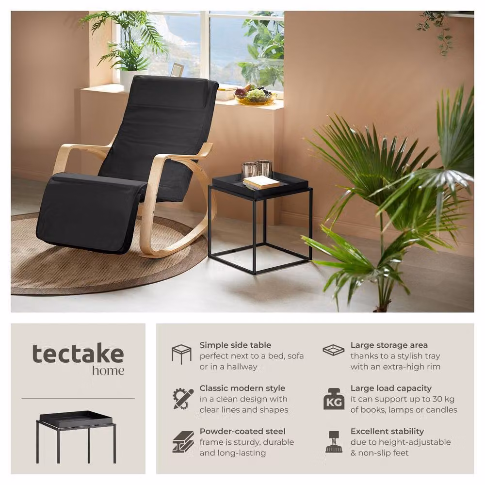 tectake Cambridge Bedside Table with Tray-Shaped Shelf, Black, W/D/H: 40 x 40 x 44 cm – 2