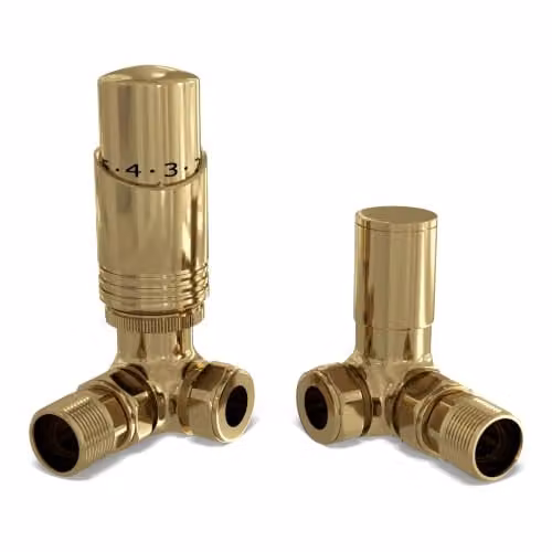 UK Radiators Talus Bold Angled Thermostatic Radiator Valve and Lockshield Set in Polished Brass and Gold