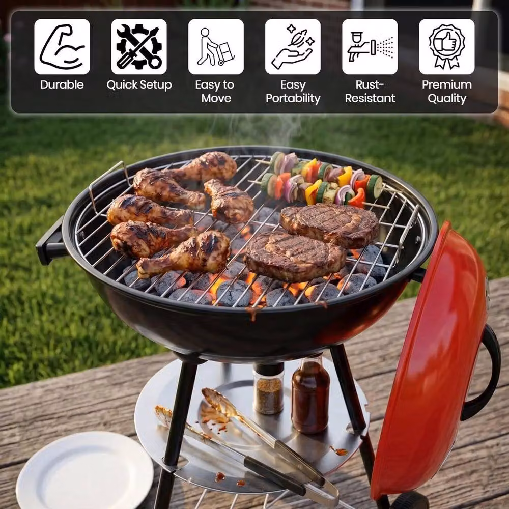 EONLION Red Charcoal BBQ Portable Camping Grill with Wheels, Width: 100 cm – 4