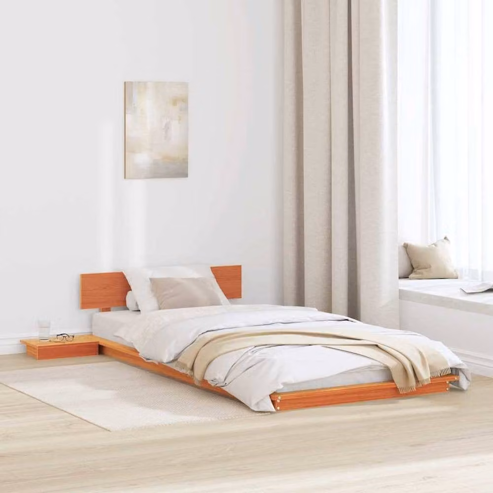 Berkfield Home Modern Solid Wood Floor Bed Frame with Bedside Shelves in Wax Brown, W/D/H: 90 x 200 cm