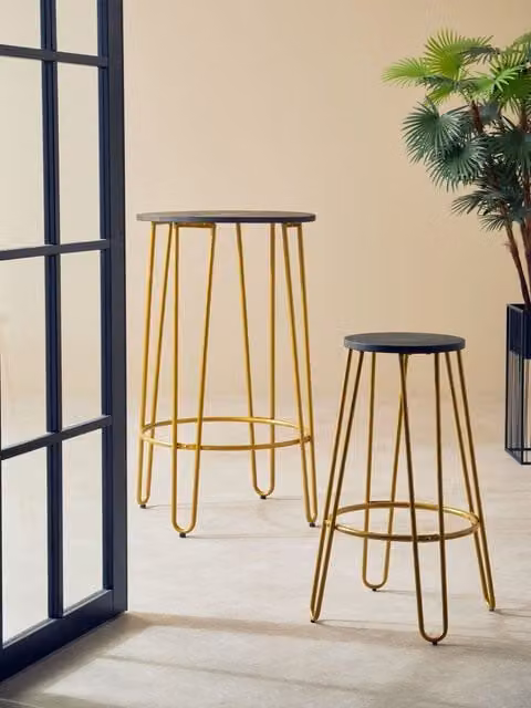 Orsina Modern Metal and Wood Bar Stool in Gold and Brown, H 75 cm x W 50 cm x D 50 cm – 1