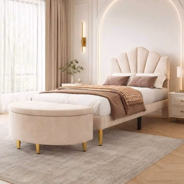 Merax Single Velvet Upholstered Bed with Shell Headboard and Storage Bench in Beige