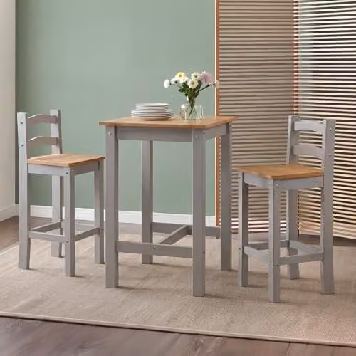 Mercers Furniture Corona Grey Painted Wax Bistro Table and 2 Barstools Set in Solid Pine, H 100 cm x W 60 cm x D 60 cm – 1