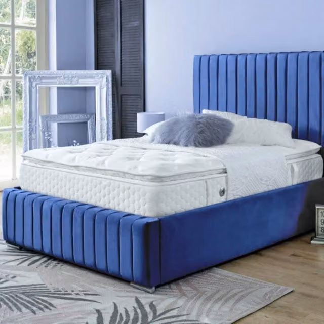 DS Living Savoy Panel Line Design Upholstered Soft Velvet Bed in Blue, Superking, W/D/H: 200 x 200 x 183 cm