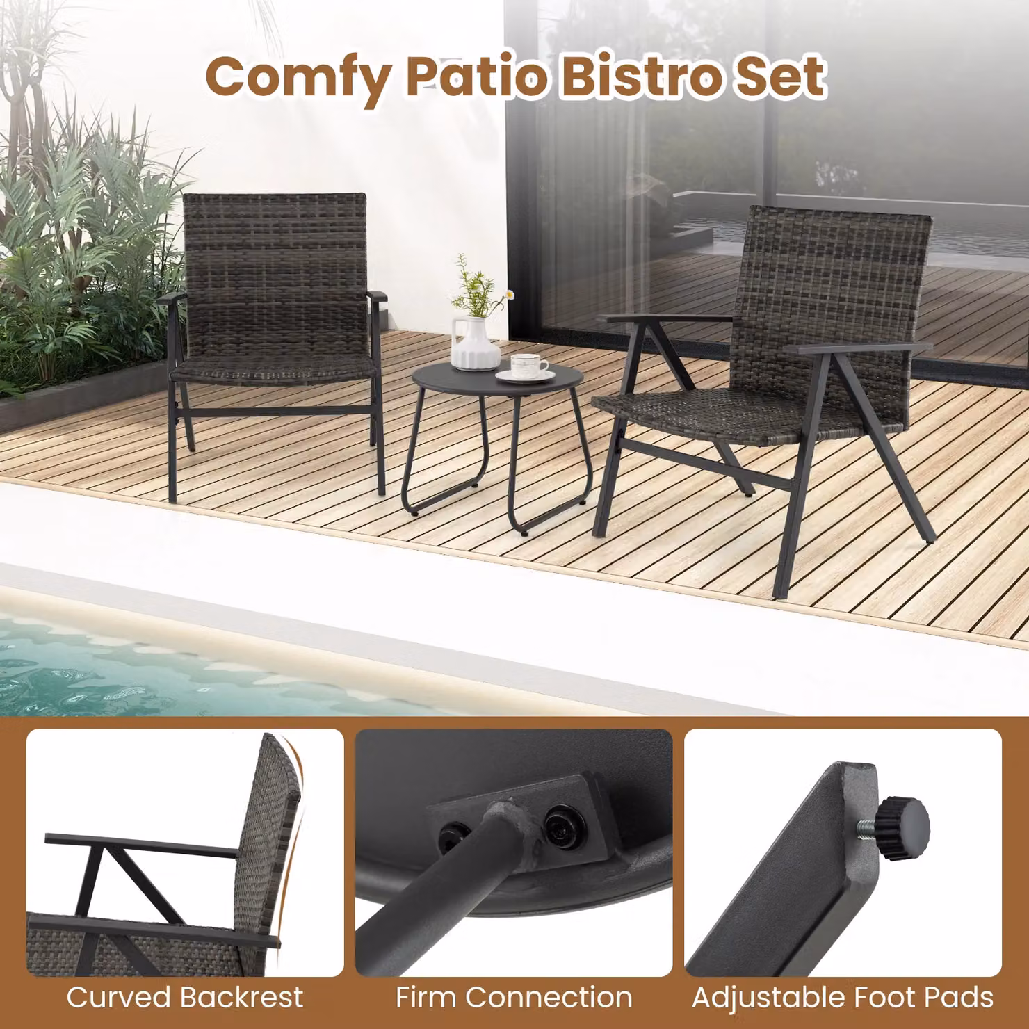 Costway 3-Piece Patio Bistro Set with Metal Frame and Rattan Armchairs and Table in Black – 8