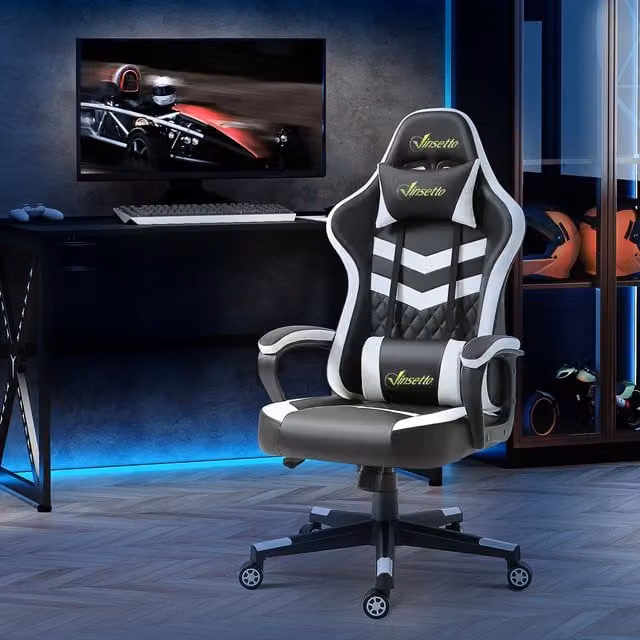 Vinsetto Lumbar Support Gaming and Office Chair in Black and Grey Synthetic Leather with Headrest and Armrests