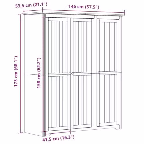 vidaXL BODO White Solid Wood Pine Wardrobe with Hinged Doors, W/D/H: 146 x 53.5 x 173 cm – 2
