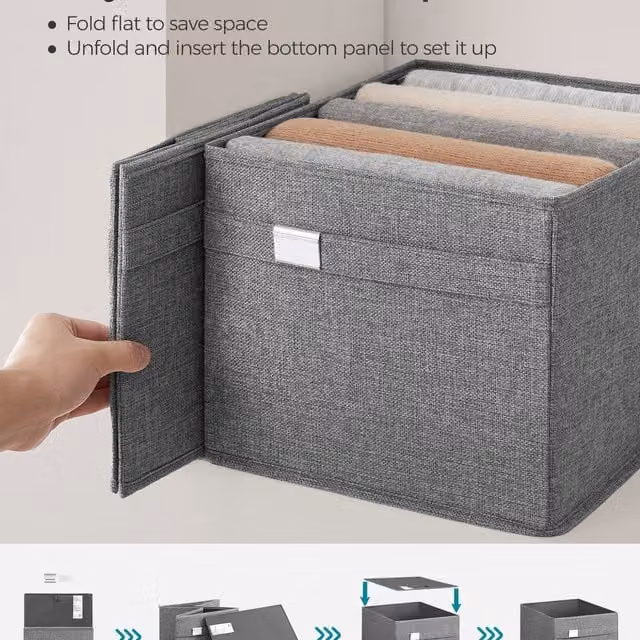 SONGMICS Set of 4 Grey Fabric Wardrobe Storage Baskets with Handles and Label Holders
